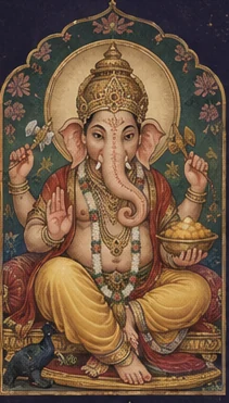 Illustrated Gaṇeśa seated with one hand raised in blessing