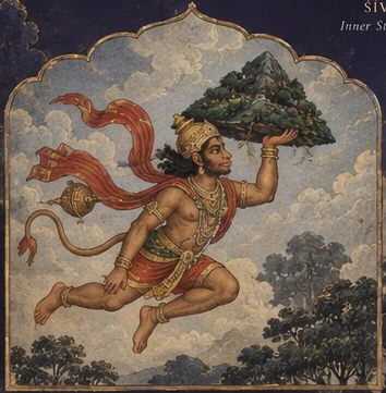 Illustrated Hanumān leaping while carrying a mountain