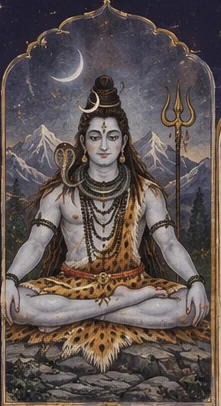 Illustrated Śiva seated in meditation before mountains